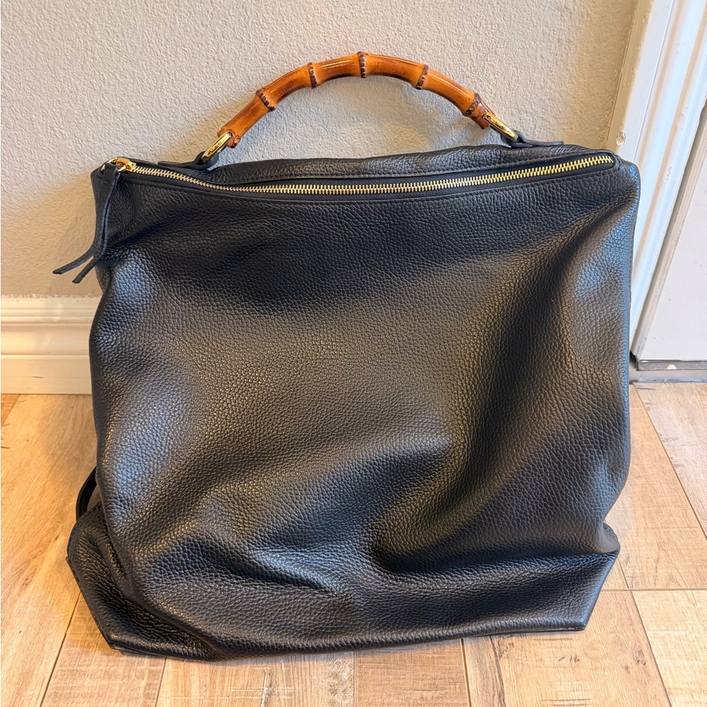 Mark & Graham Black Leather Backpack with Bamboo Handle
